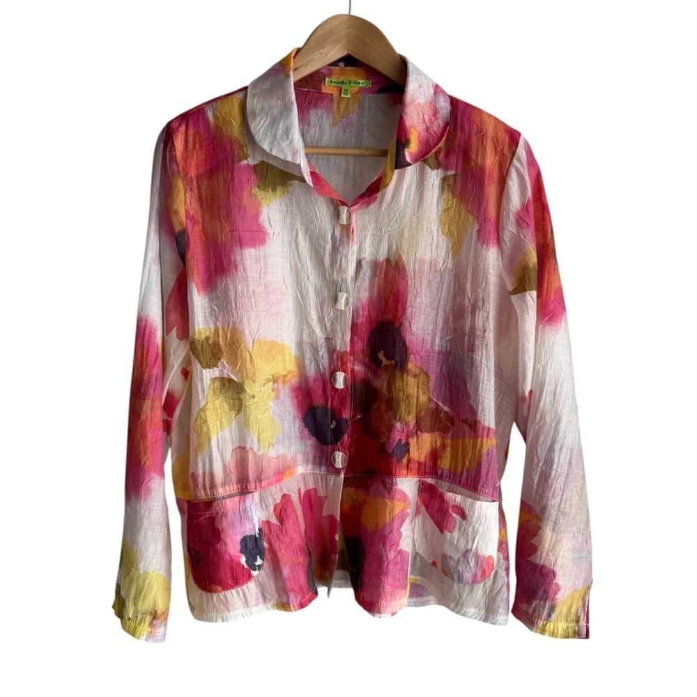 Trisha Tyler Semi Sheer Floral Top Sz M Multicolour Button Up Blouse Spring EUC